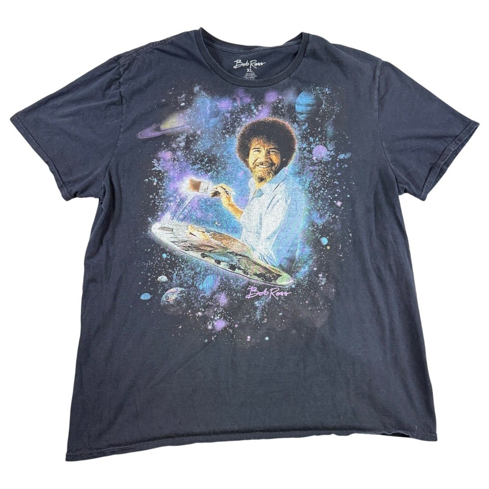 Bob Ross Galaxy Space Graphic T-Shirt Mens XL Black Cotton Short Sleeve Tee